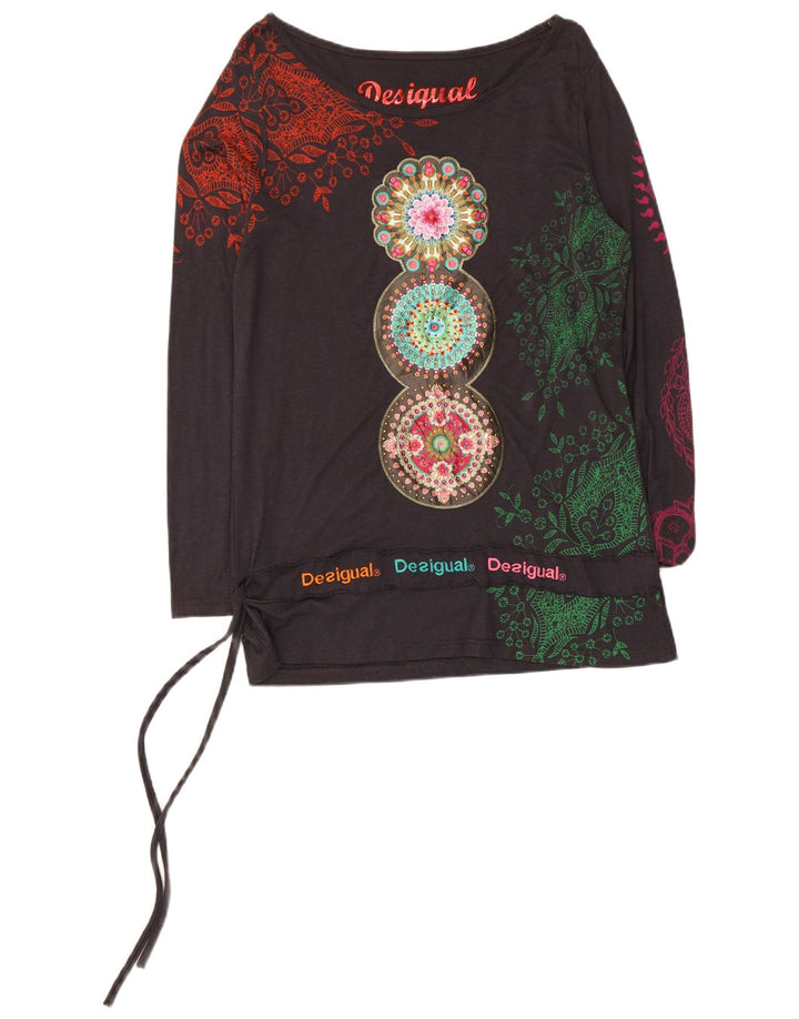 Desigual Mujer Gráfico Top Manga Larga Reino Unido 12 Medio Negro Floral