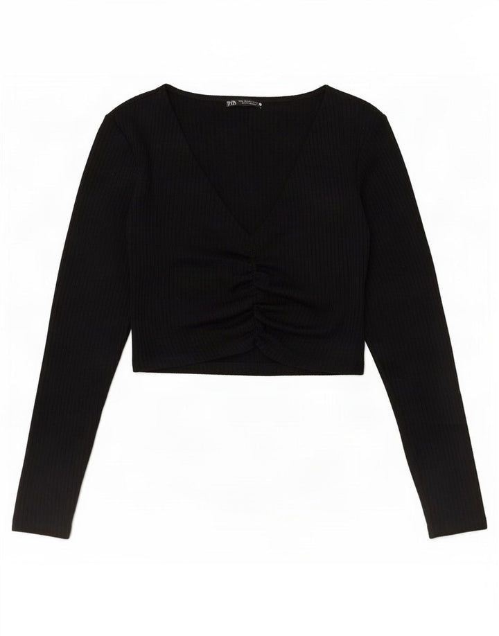 Zara Mujer Crop Top Manga Larga UK 42 Medio Negro Poliéster