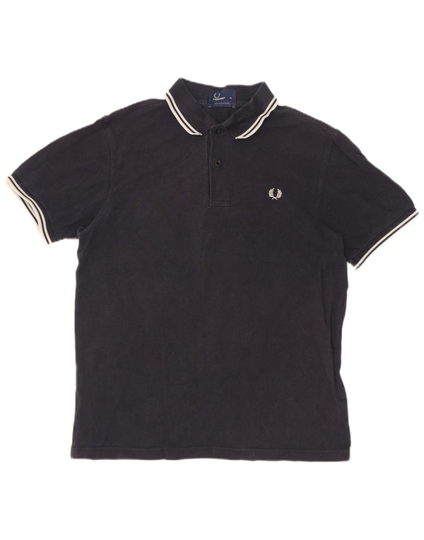 Fred Perry Mens Polo Shirt Medium Navy Blue Striped Cotton