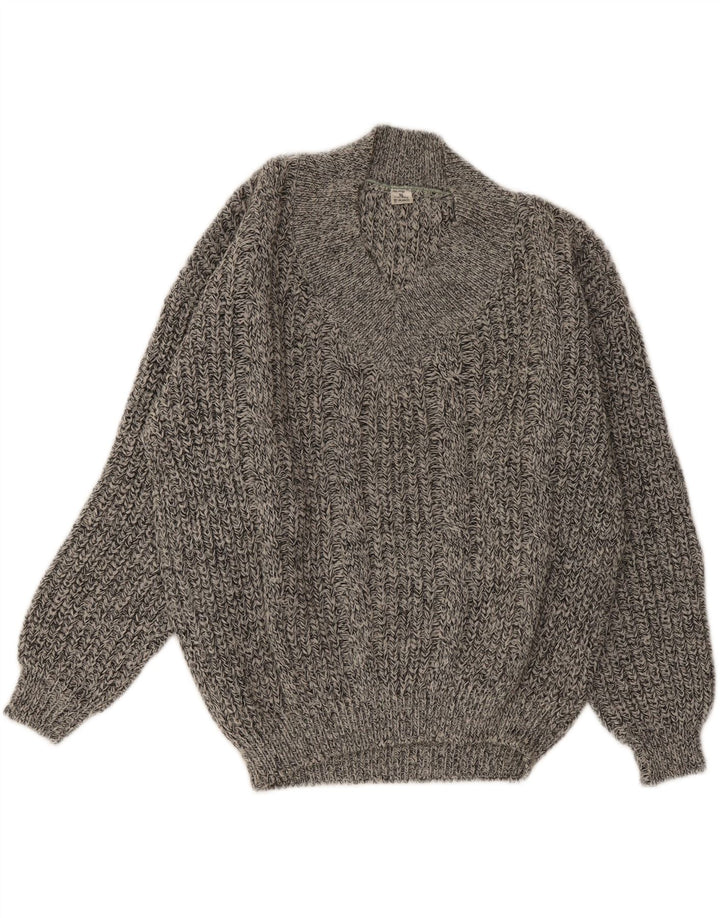 Vintage hombres V-cuello jumper suéter IT 50 gris medio moteado