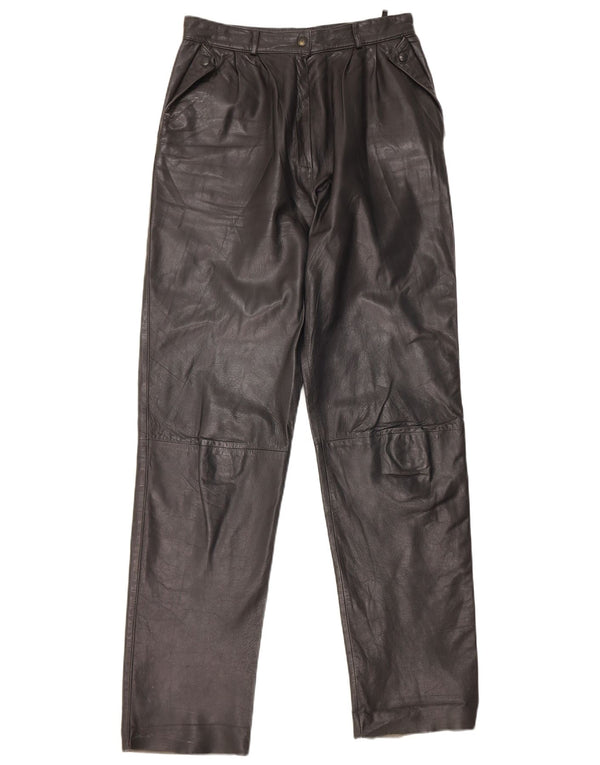 Pantalones de cuero rectos vintage para mujer IT 44 Medio W26 L31 Cuero negro