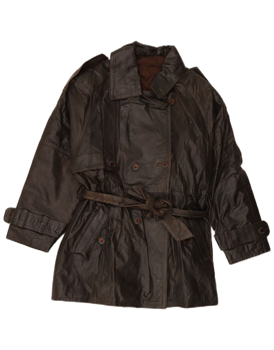 VINTAGE Abrigo de cuero de doble pecho para mujer EU 38 Cuero marrón medio