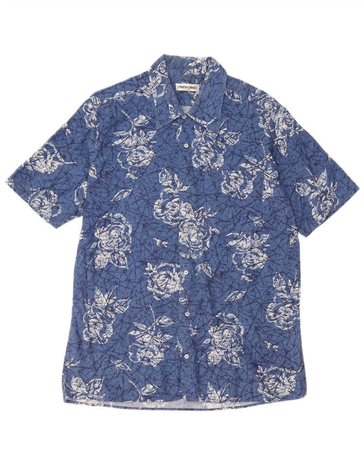 Naracamicee Camisa de manga corta para hombre Algodón floral azul medio