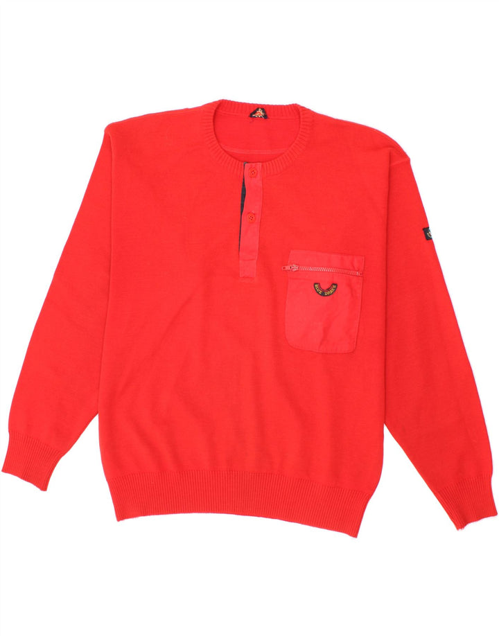 VINTAGE Mens Button Neck Jumper Sweater Large Red Wool Vintage Vintage and Second-Hand Vintage from Messina Hembry 