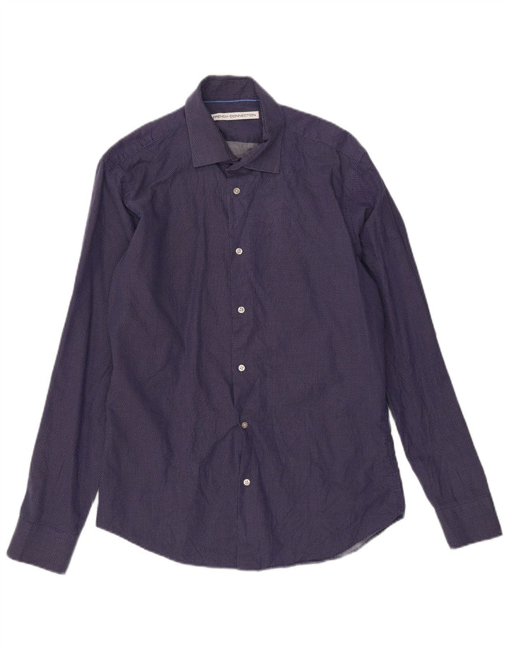 French Connection Camisa para hombre Talla 15 1/2 Mediana Azul marino Algodón geométrico