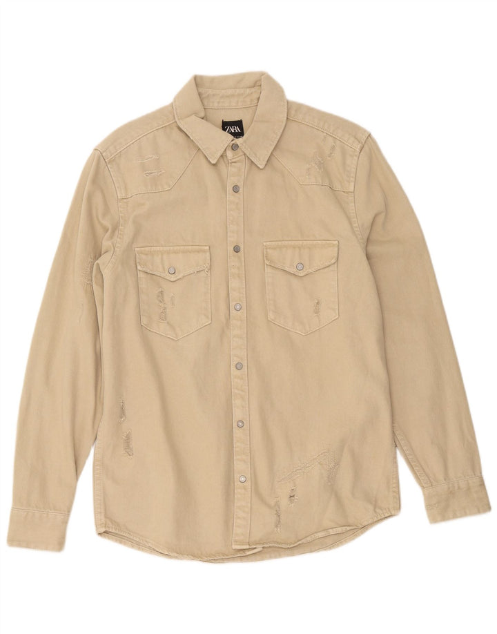 Zara Hombre Camisa Vaquera Desgastada Algodón Beige Medio