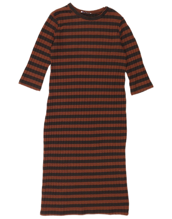 Zara Mujer Trafaluc Vestido Jersey Manga 3/4 UK 42 Marrón Medio Rayas