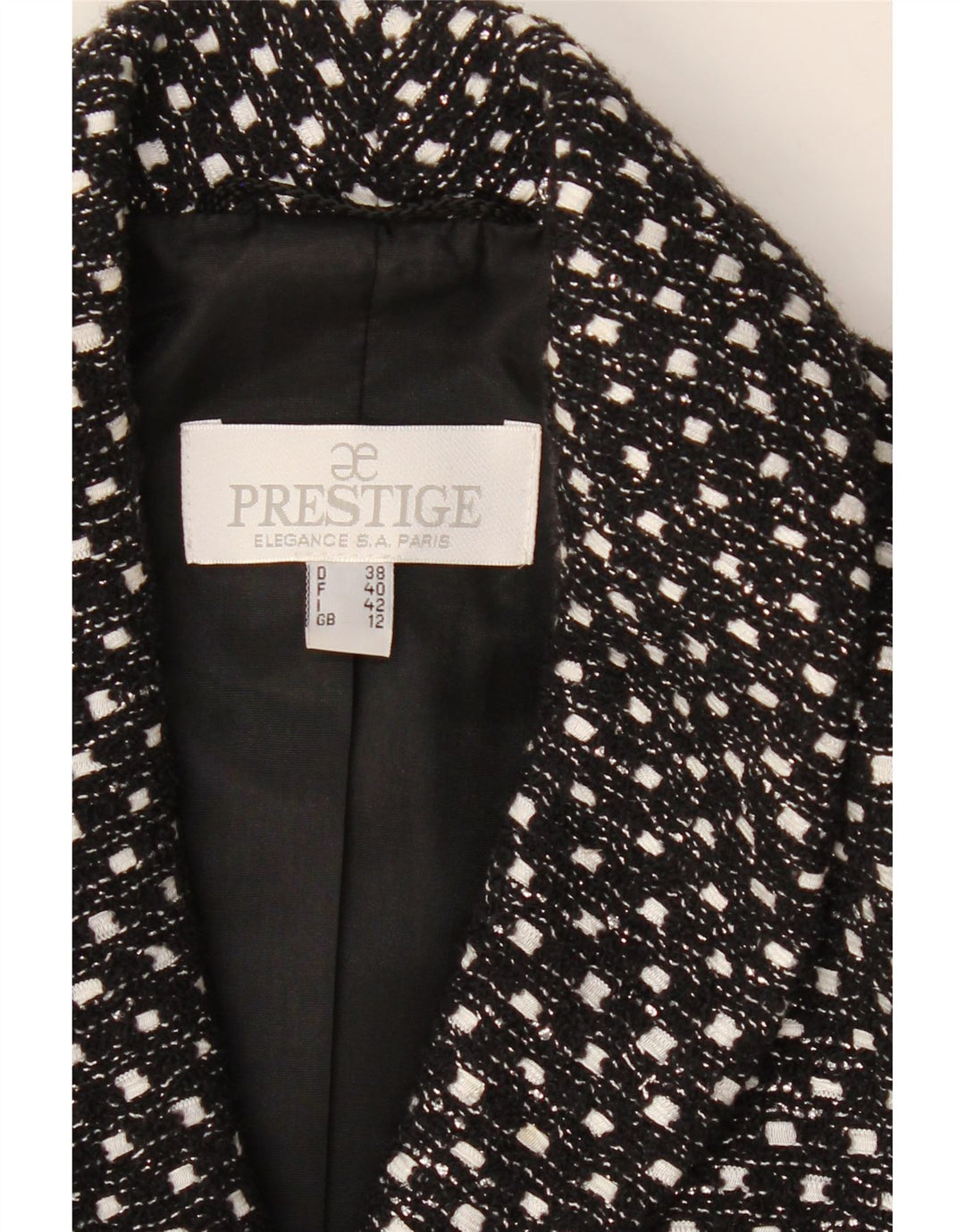 PRESTIGE Womens 4 Button Blazer Jacket UK 12 Medium  Black Spotted Wool Vintage Prestige and Second-Hand Prestige from Messina Hembry 