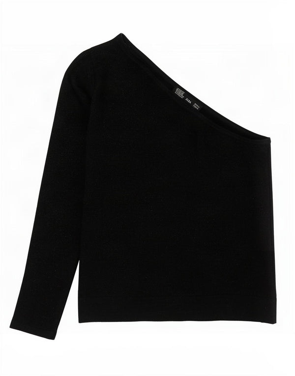 Zara Top corto con un hombro para mujer, Reino Unido 40, algodón moteado negro mediano