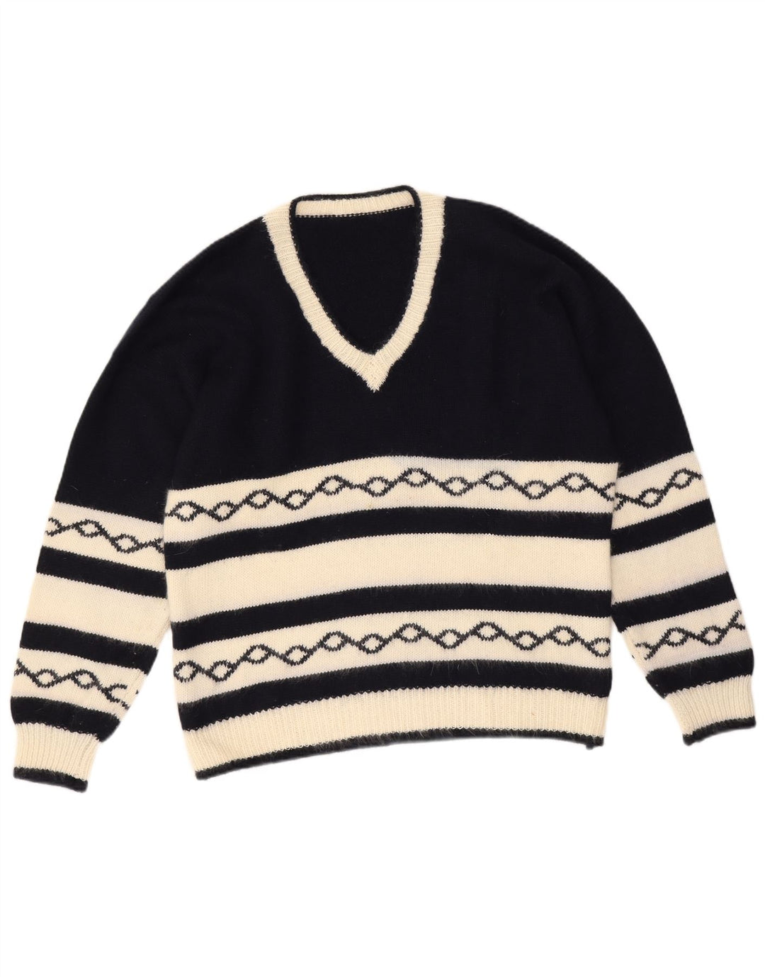 Vintage hombres V-cuello jumper suéter medio azul marino geométrico