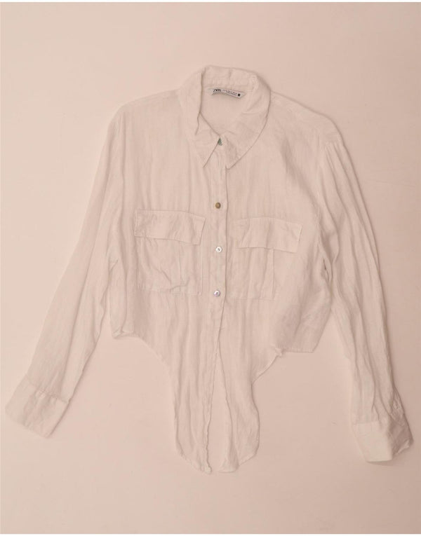 Zara Mujer Camisa Corta Con Lazo Frontal UK 40 XL Lino Blanco