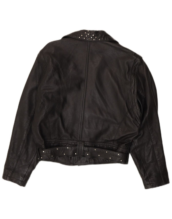 Vintage mujer crop cuero biker chaqueta Reino Unido 12 cuero negro medio