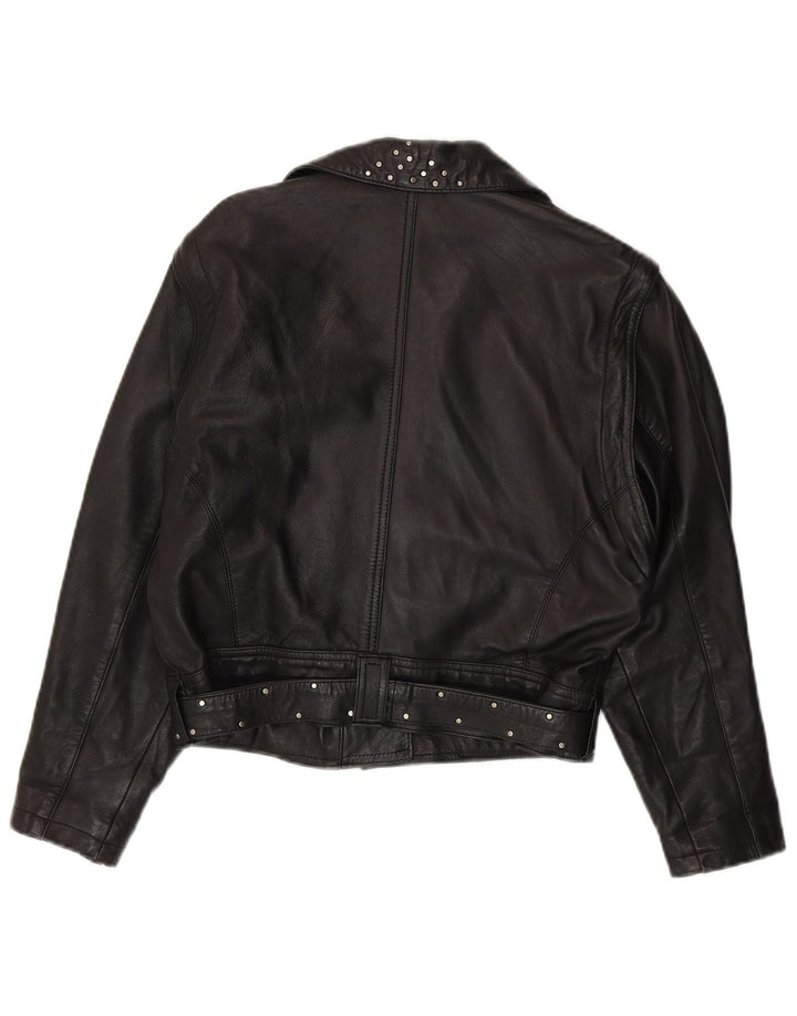 Vintage mujer crop cuero biker chaqueta Reino Unido 12 cuero negro medio