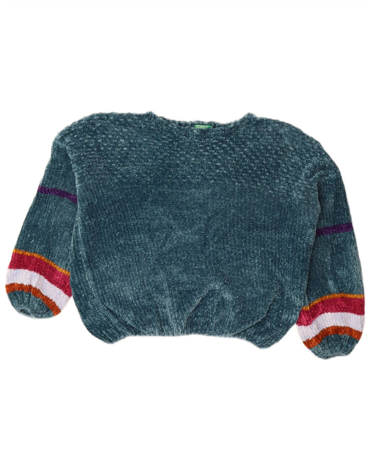 BENETTON Jersey de terciopelo con cuello barco para mujer, talla 40, color verde medio, a rayas