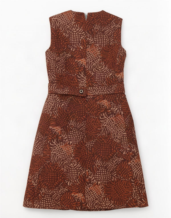 Vintage mujer sin mangas A-Line vestido Reino Unido 16 grande marrón geométrico