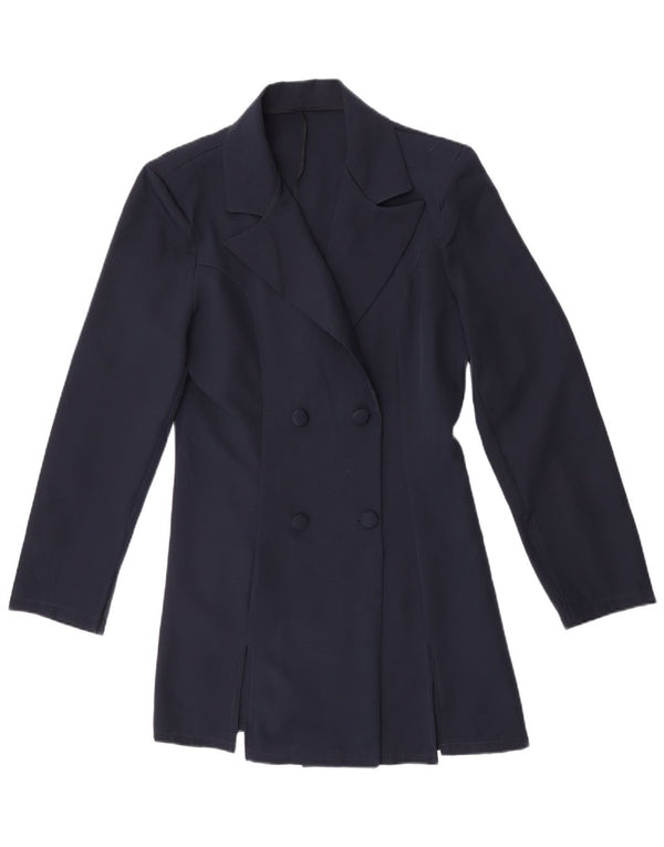 Vintage mujer doble pecho abrigo Reino Unido 14 medio azul marino poliéster