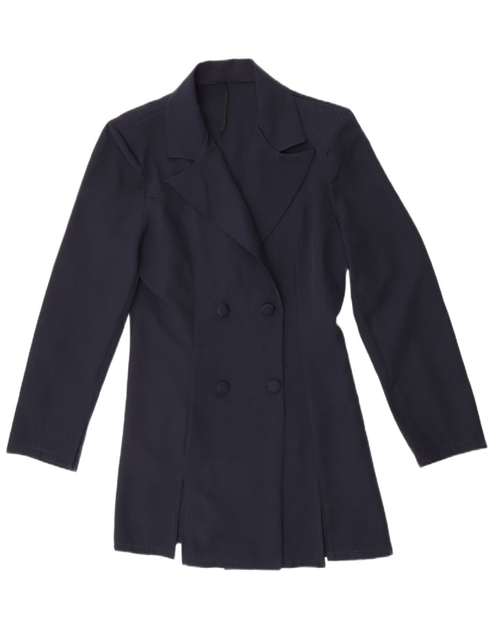 Vintage mujer doble pecho abrigo Reino Unido 14 medio azul marino poliéster