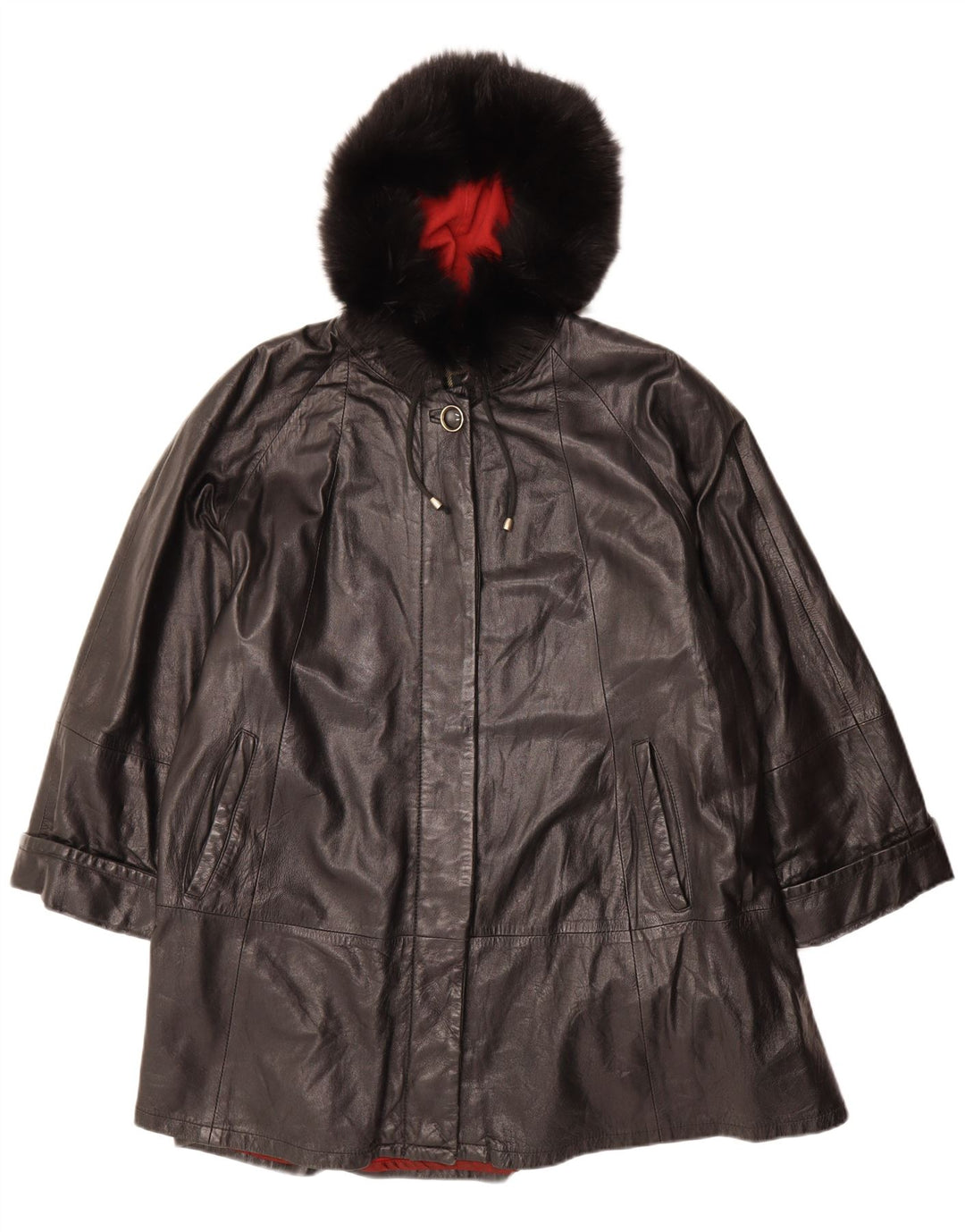 VINTAGE Abrigo de cuero con capucha de gran tamaño para mujer IT 42 Cuero negro mediano