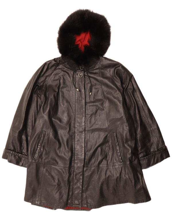 VINTAGE Abrigo de cuero con capucha de gran tamaño para mujer IT 42 Cuero negro mediano