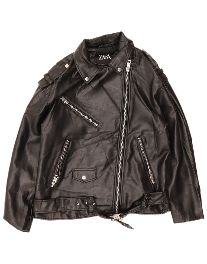 ZARA Chaqueta Biker Extragrande De Piel Sintética para Mujer UK 40 Small Negro