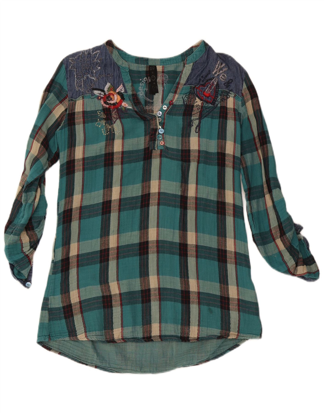 Desigual Blusa de manga larga para mujer UK 46 Large Turquoise Check