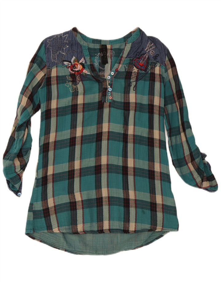 Desigual Blusa de manga larga para mujer UK 46 Large Turquoise Check