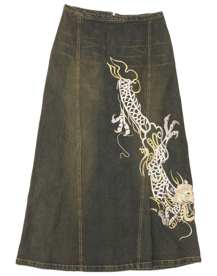 VINTAGE Falda de mezclilla gráfica para mujer Reino Unido 12 Medio W30 Algodón azul