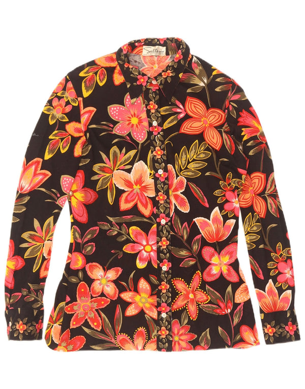 Vintage mujer camisa blusa Reino Unido 12 algodón floral negro medio