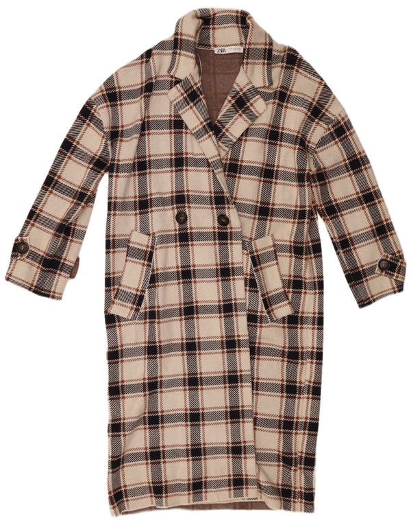 Zara Mujer Abrigo Cruzado UK 40 Small Beige Check Viscosa