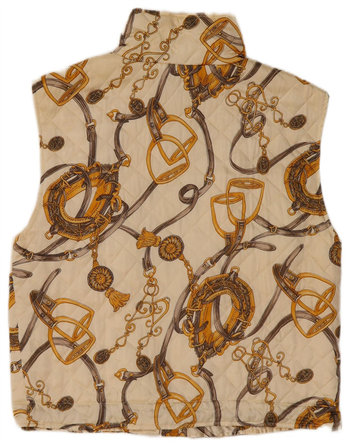 VINTAGE Mujer Patrón abstracto acolchado Gilet Reino Unido 14 Grande de seda blanca