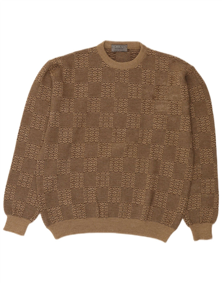 Vintage hombres cuello redondo jersey suéter grande beige lana geométrica