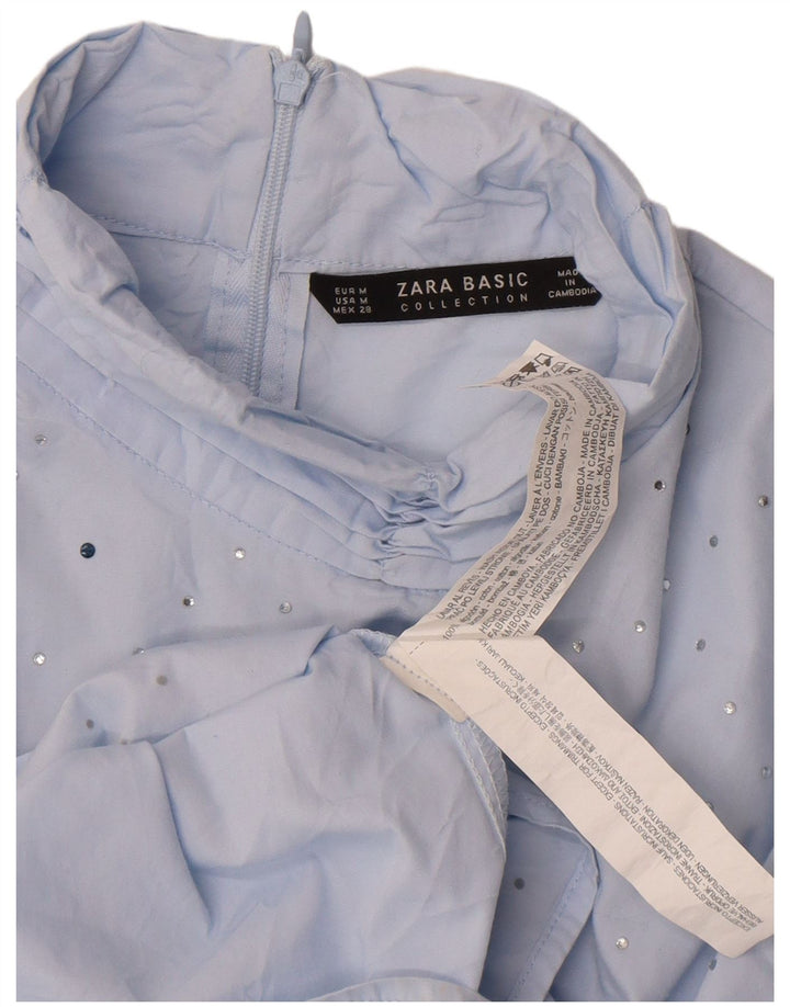 Zara Mujer Blusa Manga 3/4 Top UK 44 Algodón Azul Medio
