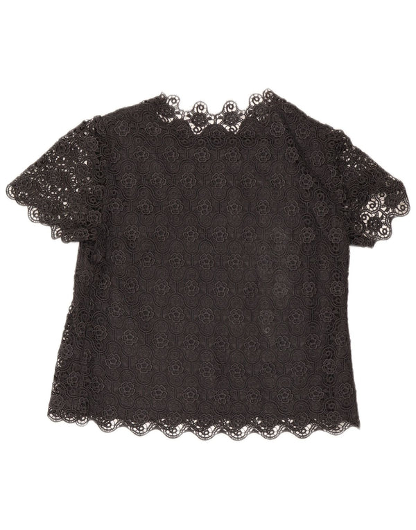 Vintage mujer blusa Top Reino Unido 14 grande negro floral