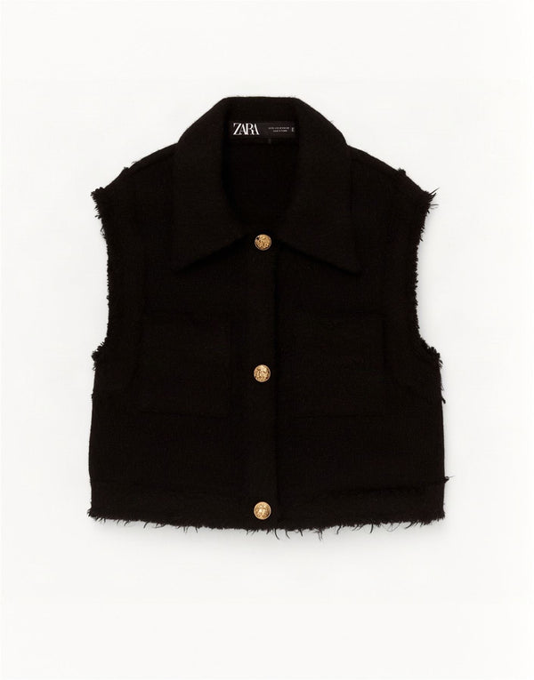 Zara Mujer Crop Gilet UK 6 XS Poliéster Negro