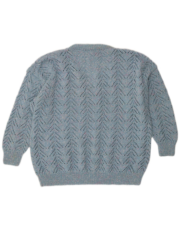Vintage Womens V-Neck Jumper Sweater UK 18 XL Blue Chevron