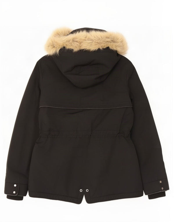 Zara Mujer Parka Con Capucha Chaqueta UK 6 XS Negro Poliéster