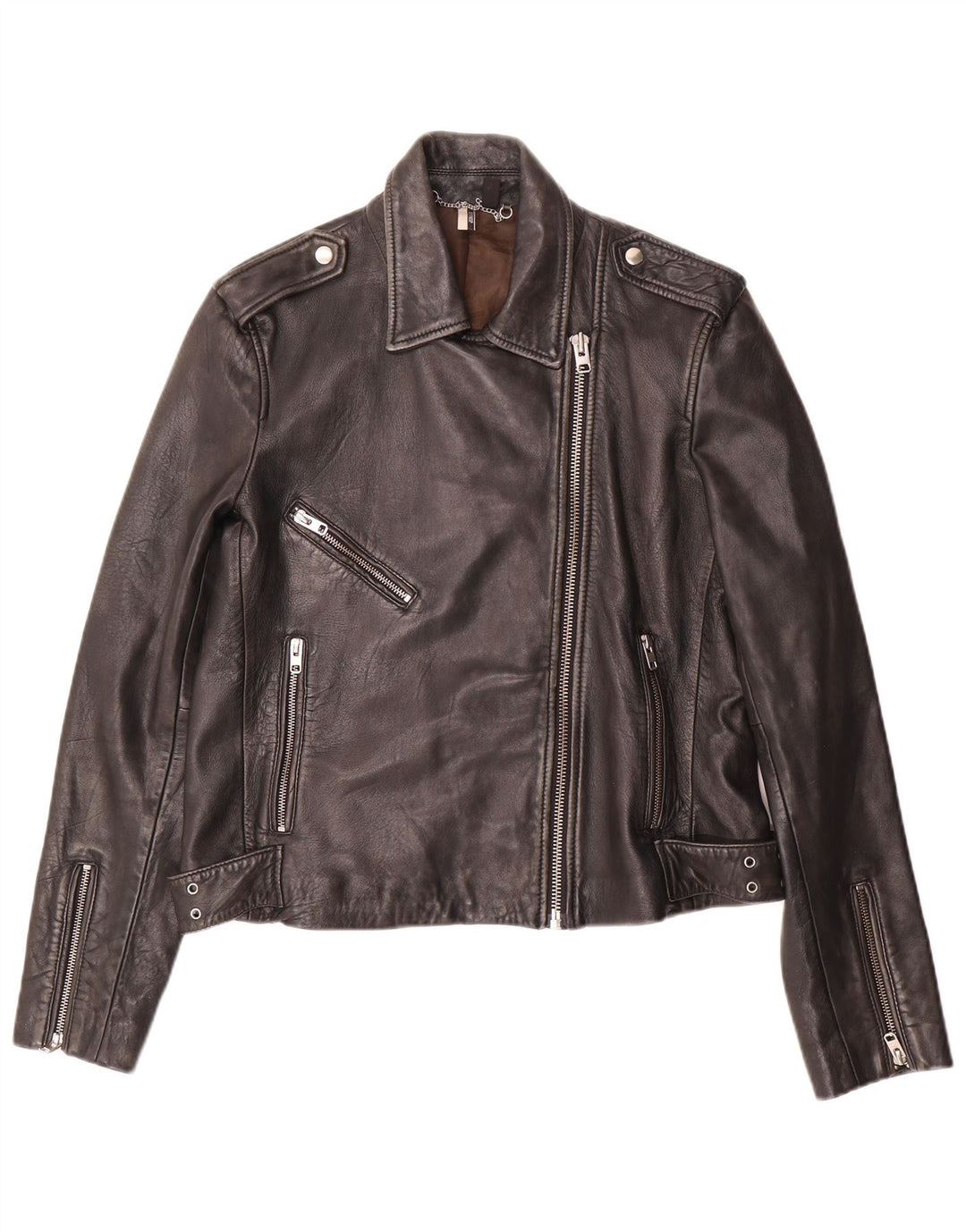 Topshop Chaqueta motera de cuero para mujer UK 44 Large Piel de cordero negra