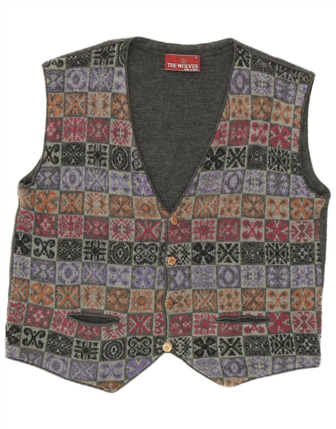 Chaleco de punto vintage para hombre IT 52 Patchwork caqui grande