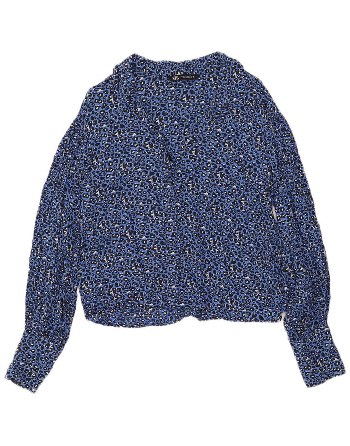 Zara Mujer Camisa UK 44 Azul Medio Estampado Animal