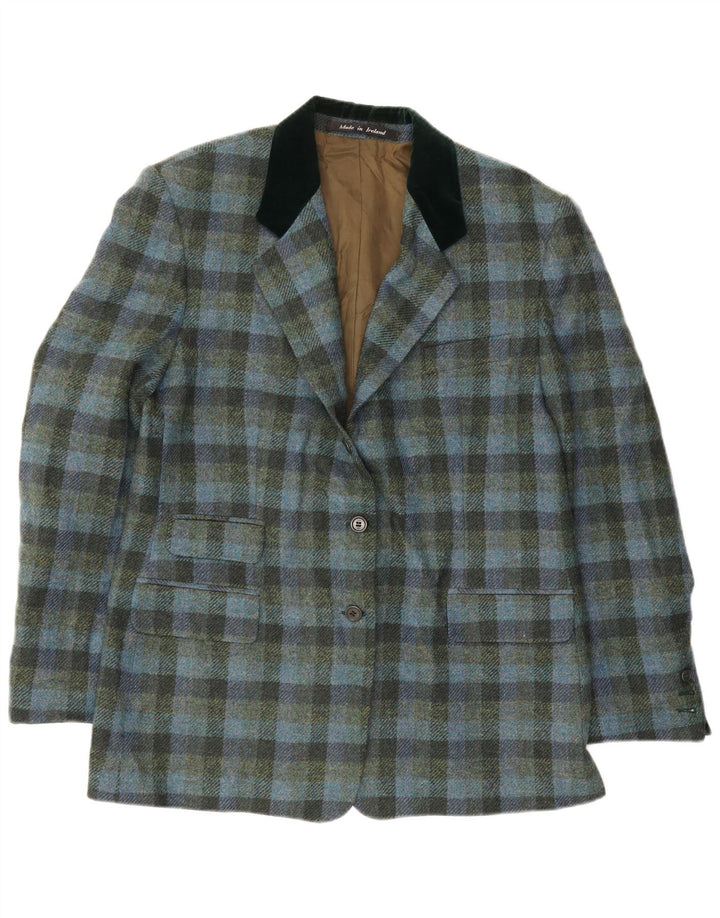 Vintage mujer 2 botones Blazer chaqueta EU 46 XL azul Gingham Viscosa