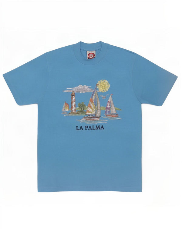 Vintage hombres camiseta gráfica top algodón azul medio