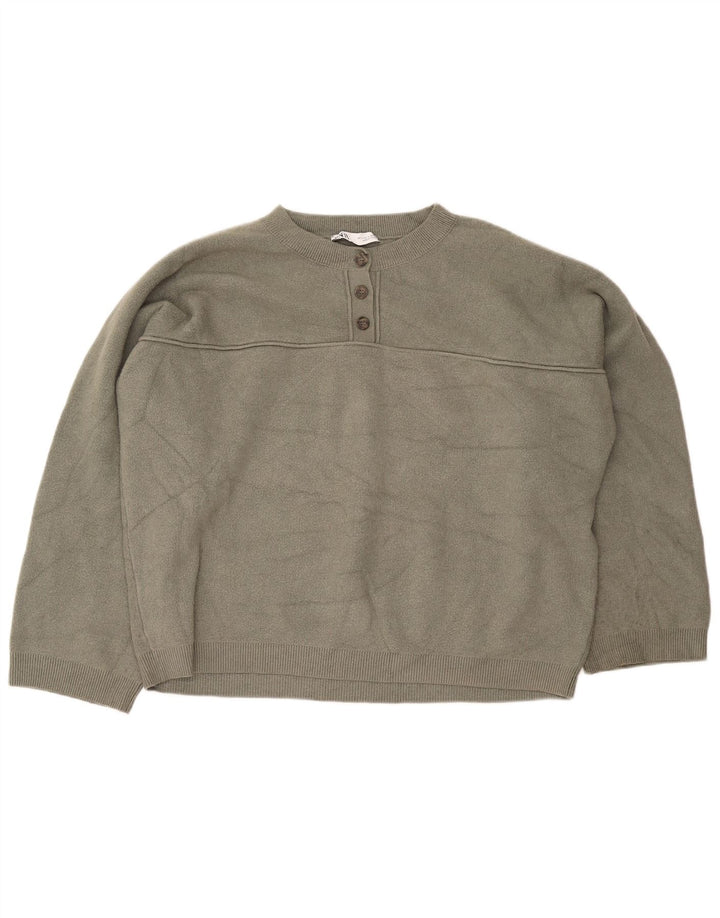 Zara Mujer Oversize Botón Cuello Jersey Suéter UK 46 Grande Caqui Viscosa