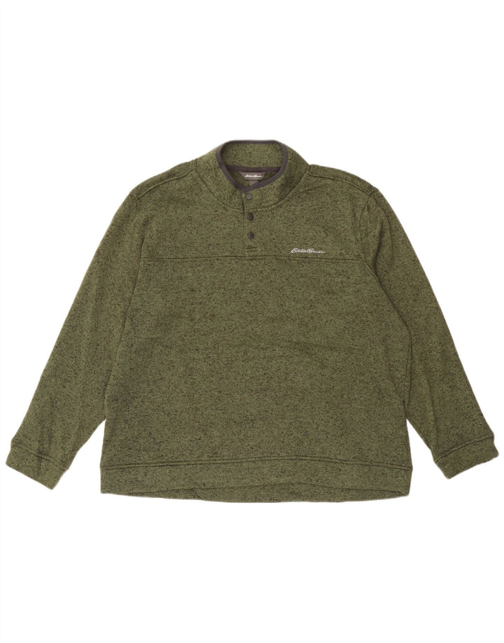 Eddie Bauer - Sudadera con cuello y botones para hombre, talla 2XL, poliéster moteado verde