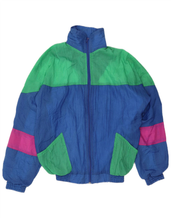 Vintage hombres chándal top chaqueta pequeña azul colorblock poliuretano retro