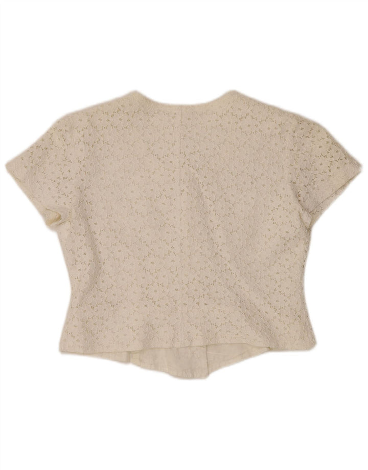 VINTAGE Mujer Crop Manga Corta Camisa Blusa IT 46 Grande Off White Floral