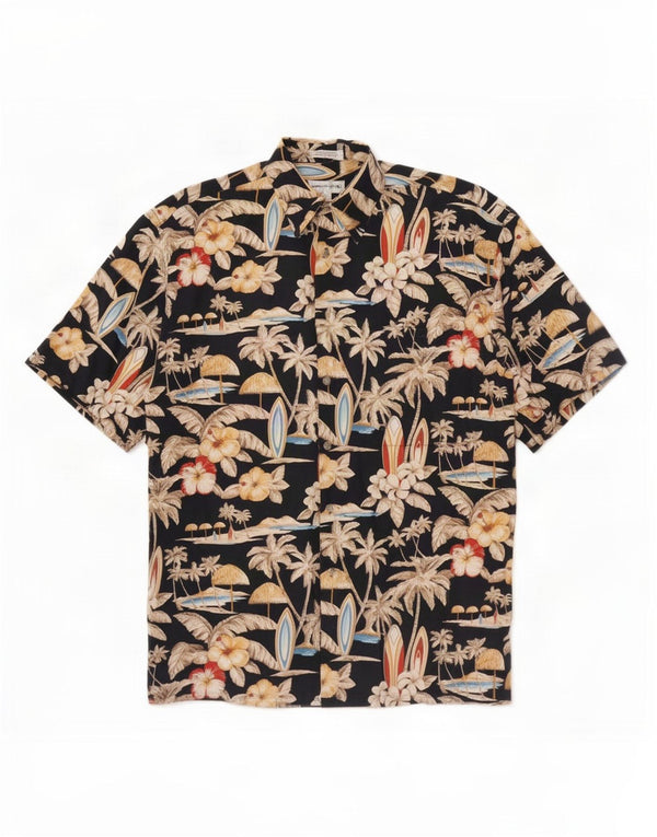 Pierre Cardin Camisa de manga corta para hombre Algodón floral negro mediano Hawaiano