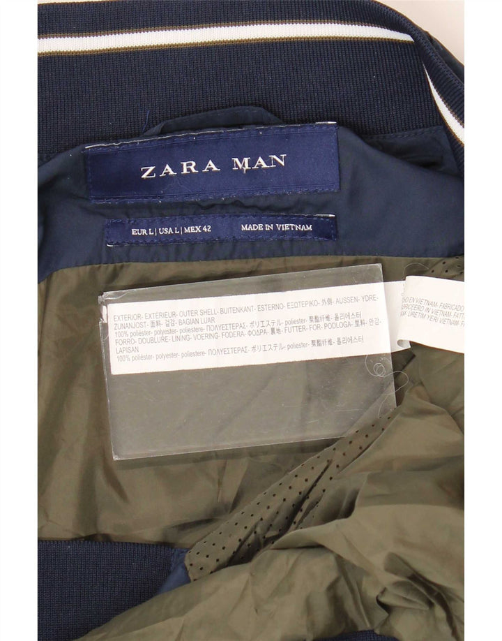 Zara Mens Bomber Jacket UK 40 Grande Azul Marino Poliéster