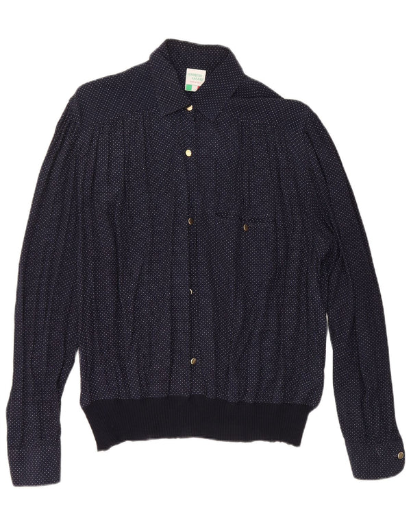 VINTAGE Blusa camisa mujer Reino Unido 16 Viscosa manchada azul marino grande