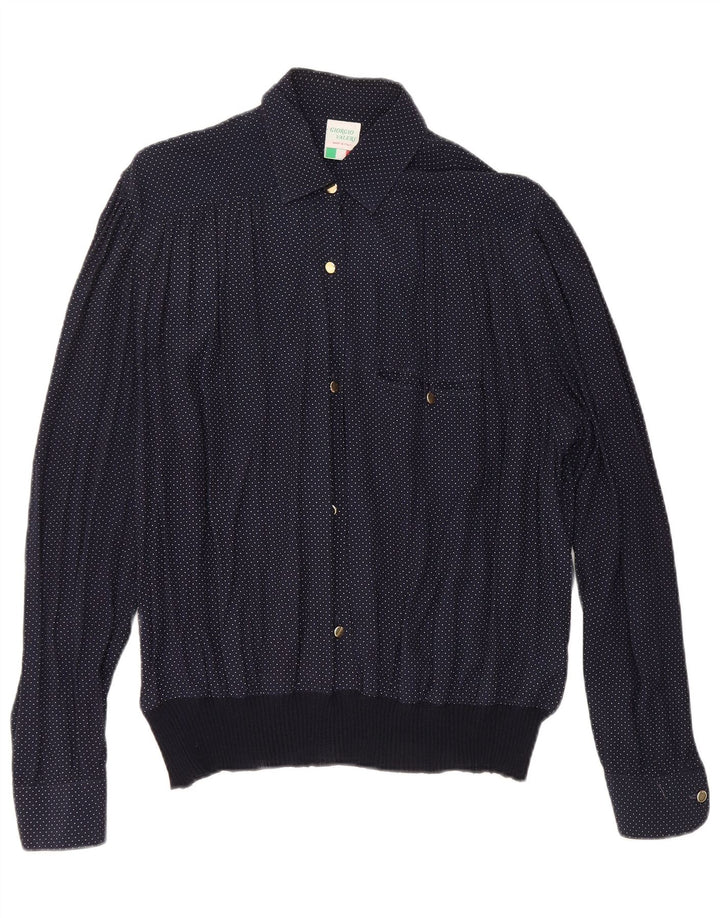 VINTAGE Blusa camisa mujer Reino Unido 16 Viscosa manchada azul marino grande