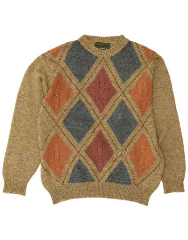 Vintage hombres cuello redondo jersey suéter medio verde Argyle/lana de diamante